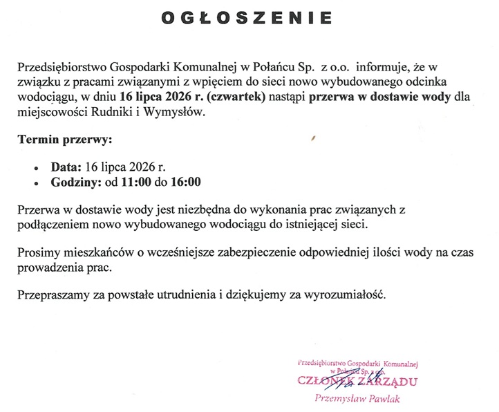 Ogłoszenie przerwa w&nbsp;dostawie wody
